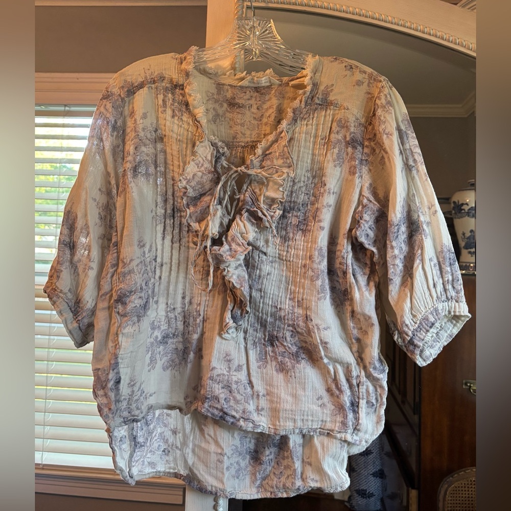 Denim & Supply Ralph Lauren Cotton Boho Floral Ruffle Blouse - Cream and Blue